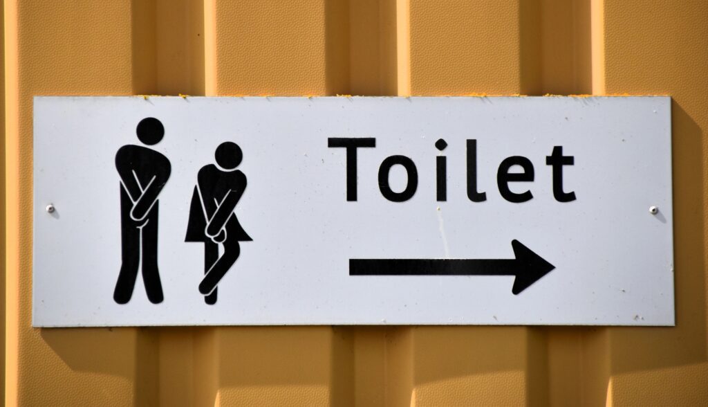Weißes Schild mit der Aufschrift 'Toilet', einem Pfeil nach rechts und zwei stilisierten Personen.